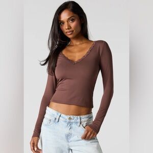 Lace Trim V-Neck Long-Sleeve T-Shirt - Contour Fit - Brown
